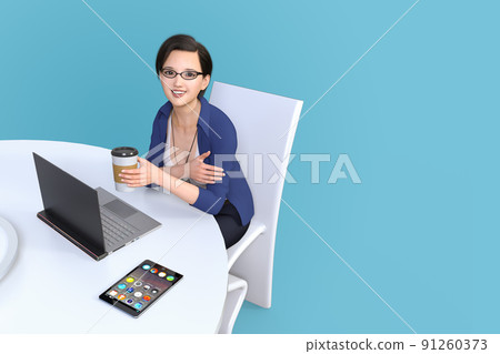 A short-haired woman sits on a chair with a smile on her desk and laptop in a clean office A short-haired woman sits on a chair with a smile on her desk and laptop in a clean office 91260373