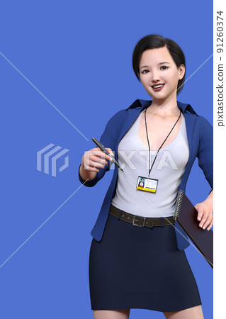A female employee wearing a blue jacket on a blue background stands with a notebook and a pen 91260374