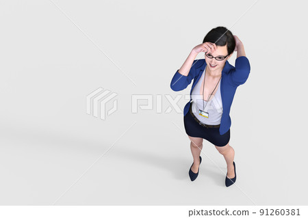 A scene from above where an office lady in a blue jacket puts her hand on her head and looks into the distance and laughs. 91260381