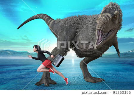 一個女商人穿過被染成藍色的大地，朝前方奔跑，不懼怕巨大的恐龍。 91260396