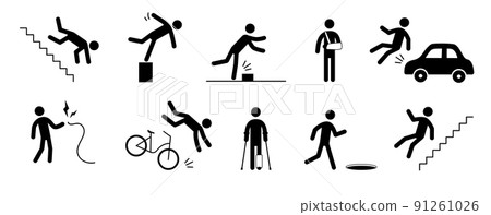 Accident pictogram man icon. Work safety, injury caution, hazard pictogram sign set. Warning, danger icon stick man Accident pictogram man icon. Work safety, injury caution, hazard pictogram sign set. Warning, danger icon stick man 91261026