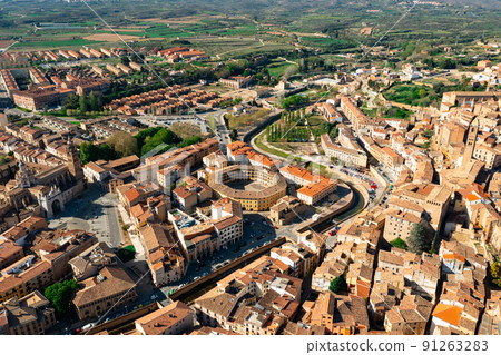 Drone view of Tarazona with ancient bullfight arena and medieval cathedral 91263283