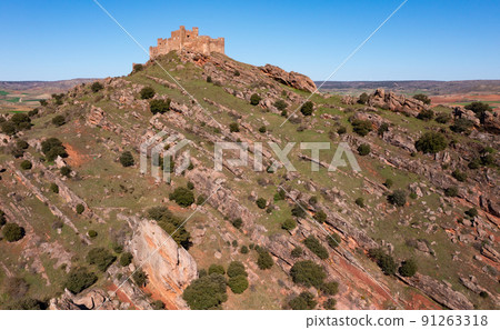 Ruins of Castle of Riba de Santiuste from afar, drone photo 91263318