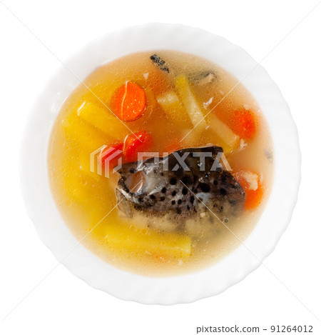 Plate of salmon head fish stock with potatoes and carrot Plate of salmon head fish stock with potatoes and carrot 91264012