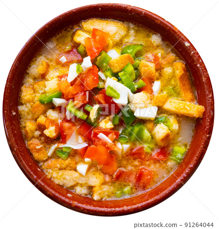 Traditional refreshing Extremadura dish Cojondongo from vegetables and bread in dressing Traditional refreshing Extremadura dish Cojondongo from vegetables and bread in dressing 91264044