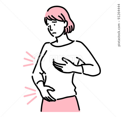 A young woman suffering from chest and abdominal tension 91264444