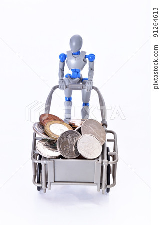 Dummy pulling a cart with coins of various countries Dummy pulling a cart with coins of various countries 91264613