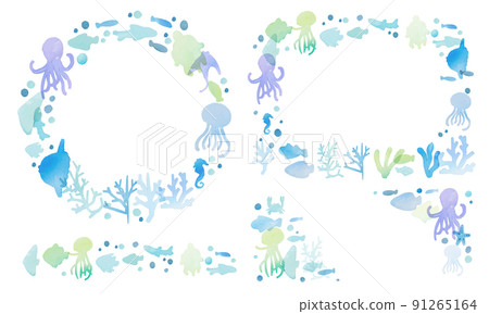 Watercolor. Marine frame with watercolor touch. Decorative frame of sea creatures. Summer watercolor marine background. 91265164