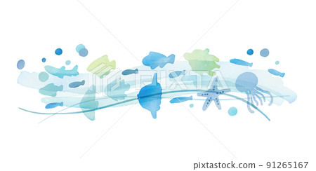 水彩。帶有水彩觸感的海洋框架。海洋生物的裝飾框架。夏季水彩海洋背景。 水彩。帶有水彩觸感的海洋框架。海洋生物的裝飾框架。夏季水彩海洋背景。 91265167