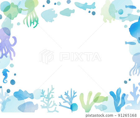 水彩。帶有水彩觸感的海洋框架。海洋生物的裝飾框架。夏季水彩海洋背景。 91265168
