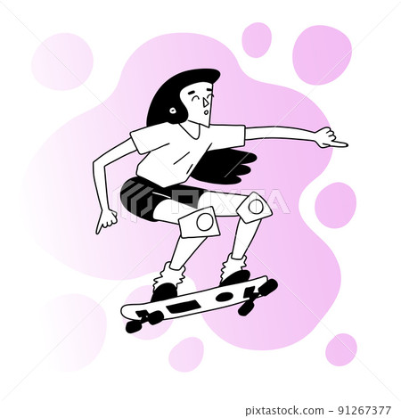 Skateboarding teenager girl. Vintage black and white cartoon spot illustration of female skater. Pink color blob background. Skateboarding teenager girl. Vintage black and white cartoon spot illustration of female skater. Pink color blob background. 91267377