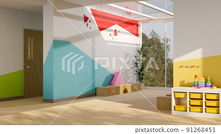 Comfortable kids playroom or kindergarten nursery interior design with kid toys and play space. Comfortable kids playroom or kindergarten nursery interior design with kid toys and play space. 91268451