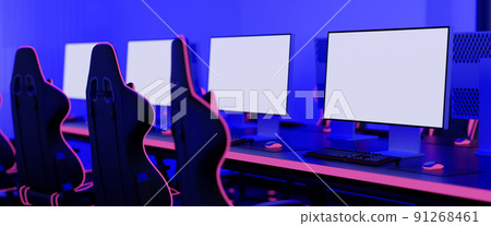 Modern internet cafe interior with blank computer monitor mockup on the table with RGB lights Modern internet cafe interior with blank computer monitor mockup on the table with RGB lights 91268461