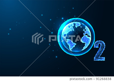 Concept of world oxygen with O2 formula and planet Earth globe in futuristic glowing style on blue 91268838