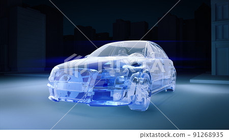 Translucent car with wire-frame on the model in the dark city background. 91268935