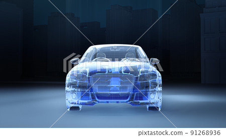 Translucent car with wire-frame on the model in the dark city background. 91268936