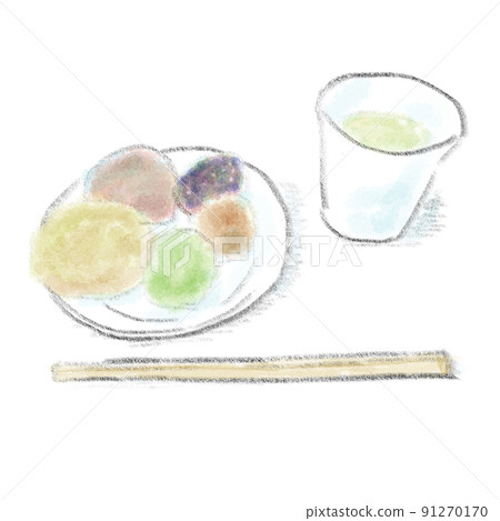 各種口味的年糕、茶和筷子的插圖 各種口味的年糕、茶和筷子的插圖 91270170