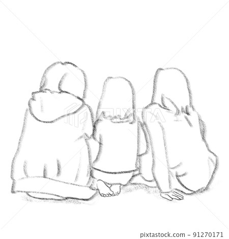 三個孩子並排坐著的背影插圖 91270171