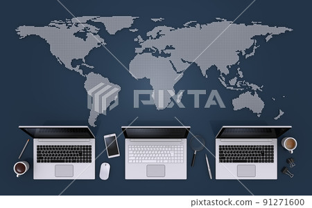 企業工作區、計算機和世界地圖的頂視圖 91271600