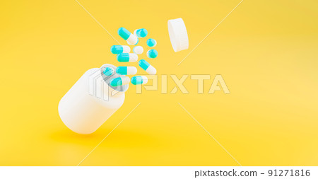 Blue and white capsules medication with medication container Blue and white capsules medication with medication container 91271816