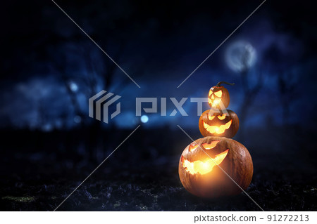 Halloween image with pumpkins . Mixed media 91272213