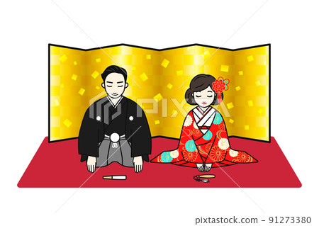 圖為身著和服的新娘和新郎在金色屏風前並肩鞠躬。 圖為身著和服的新娘和新郎在金色屏風前並肩鞠躬。 91273380