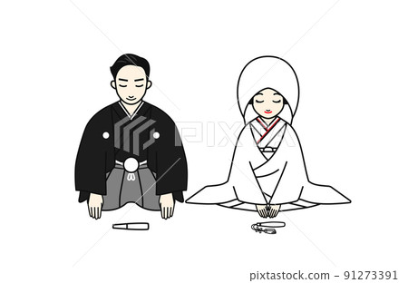 Illustration of a bride and groom in kimono bowing side by side. 91273391