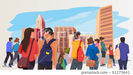 Ukrainian refugees with things rush to border fleeing russian aggression against Ukraine stop war concept cityscape background 91273641