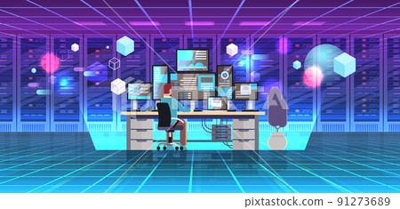 man working in online data center room hosting server computer monitoring neon view through VR glasses metaverse man working in online data center room hosting server computer monitoring neon view through VR glasses metaverse 91273689