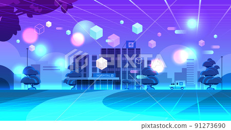 neon cityscape hospital building exterior modern clinic view through VR glasses metaverse virtual reality technology 91273690
