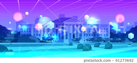 neon summer city park town building with columns view through VR glasses metaverse virtual reality technology vector Illustration 91273692
