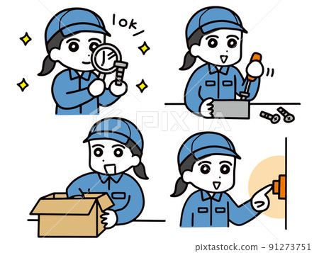 A set of various jobs for women in work clothes working in a factory A set of various jobs for women in work clothes working in a factory 91273751