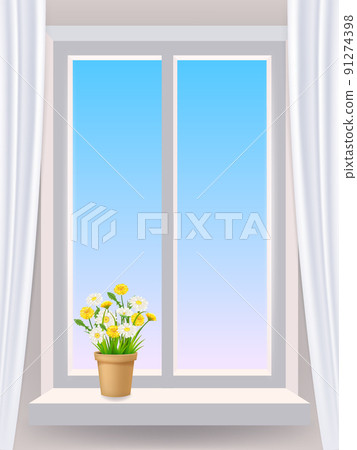 Window in interior, flowers chamomiles in the pot, curtains. Vector illustration template realistic Window in interior, flowers chamomiles in the pot, curtains. Vector illustration template realistic 91274398