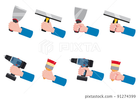 Set construction tools putty knife, spatula, brush, electric screwdriver, repair tool. Hand hold spackling or paint instruments. Vector illustration isolated on white. Cartoon flat style Set construction tools putty knife, spatula, brush, electric screwdriver, repair tool. Hand hold spackling or paint instruments. Vector illustration isolated on white. Cartoon flat style 91274399
