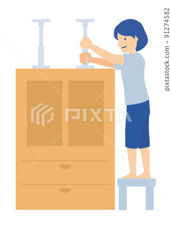 Illustration of a woman fixing furniture for earthquake countermeasures Illustration of a woman fixing furniture for earthquake countermeasures 91274582