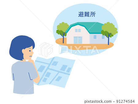 Illustration of a woman checking the evacuation site on a map 91274584