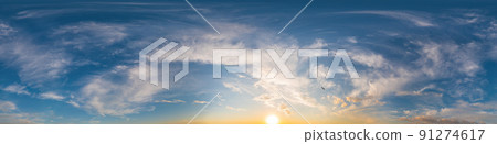 Blue sunset sky panorama with puffy Cumulus clouds. Seamless hdr pano in spherical equirectangular format. Complete zenith for 3D visualization, game and sky replacement for aerial drone 360 panoramas Blue sunset sky panorama with puffy Cumulus clouds. Seamless hdr pano in spherical equirectangular format. Complete zenith for 3D visualization, game and sky replacement for aerial drone 360 panoramas 91274617