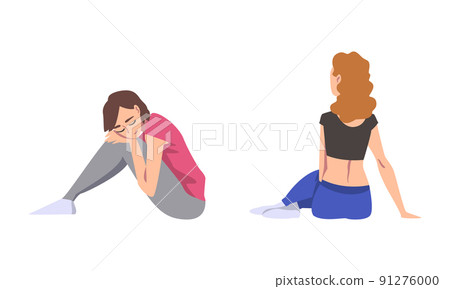 Woman with Bended Knees Sitting on the Floor Feeling Calm Vector Set 91276000
