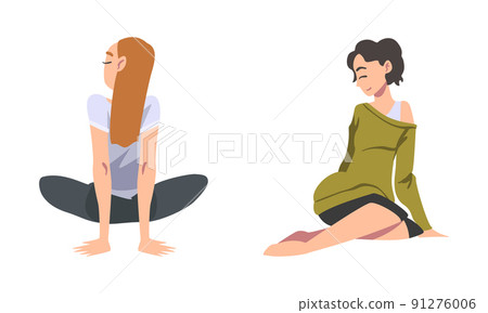 Woman with Bended Knees Sitting on the Floor Feeling Calm Vector Set 91276006