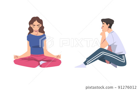 Man and Woman with Bended Knees Sitting on the Floor Feeling Calm Vector Set Man and Woman with Bended Knees Sitting on the Floor Feeling Calm Vector Set 91276012