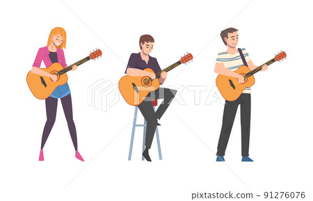 Young Man and Woman Musician Guitarist Character Playing Guitar Performing Street Concert Vector Set 91276076