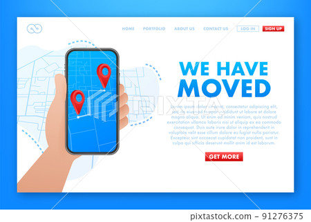 We have moved. Moving office sign. Clipart image isolated on blue background. Vector stock illustration. 91276375