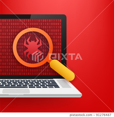 Search, find bugs and virus. Magnifying Glass scanning. Antivirus protection. Vector stock illustration. 91276487