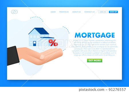 Hand holds house and key on finger and giving. Real estate agent at work, investment, mortgage, house loan, account. 91276557