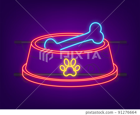 Cartoon pet plate on white backdrop. Neon vector illustration. Pet food bowl Cartoon pet plate on white backdrop. Neon vector illustration. Pet food bowl 91276664