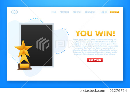 You win with photo frame. Hand is holding a gold prize cup. A win, leadership and a competition concept. Vector illustration. You win with photo frame. Hand is holding a gold prize cup. A win, leadership and a competition concept. Vector illustration. 91276734