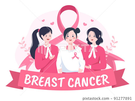 Breast Cancer Awareness Month Background Cartoon Illustration with Ribbon Pink and Woman for Disease Prevention Campaign or Healthcare 91277891
