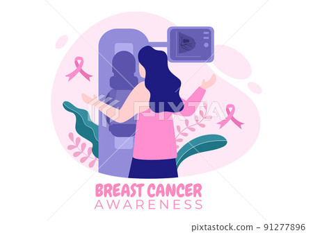 Breast Cancer Awareness Month Background Cartoon Illustration with Ribbon Pink and Woman for Disease Prevention Campaign or Healthcare 91277896