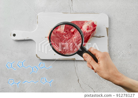 Cultured meat concept. Meat from beaker, top view. 91278127