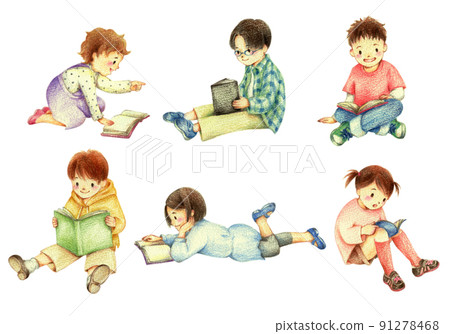 A set of children reading a hand-painted colored pencil drawing 91278468